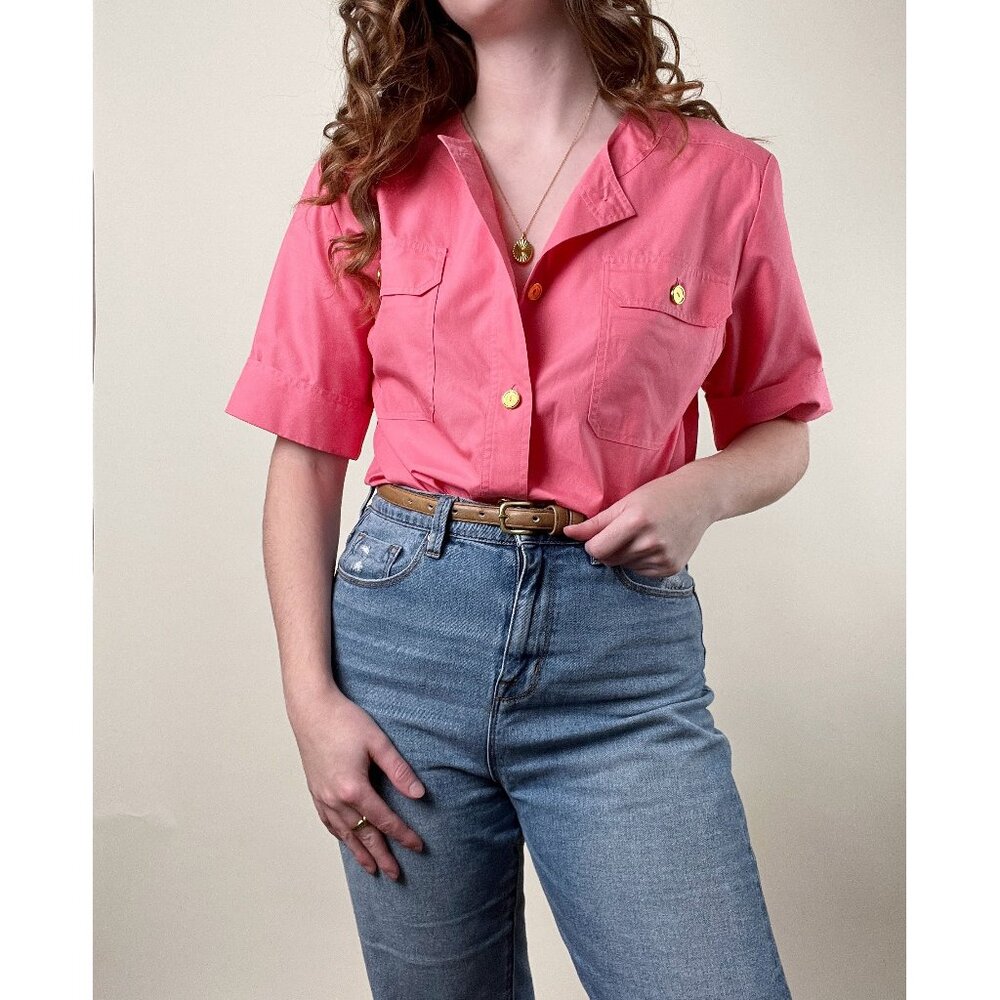 Vintage Celine Paris French Short Sleeve Button Up Down Blouse Shirt Relaxed Fit